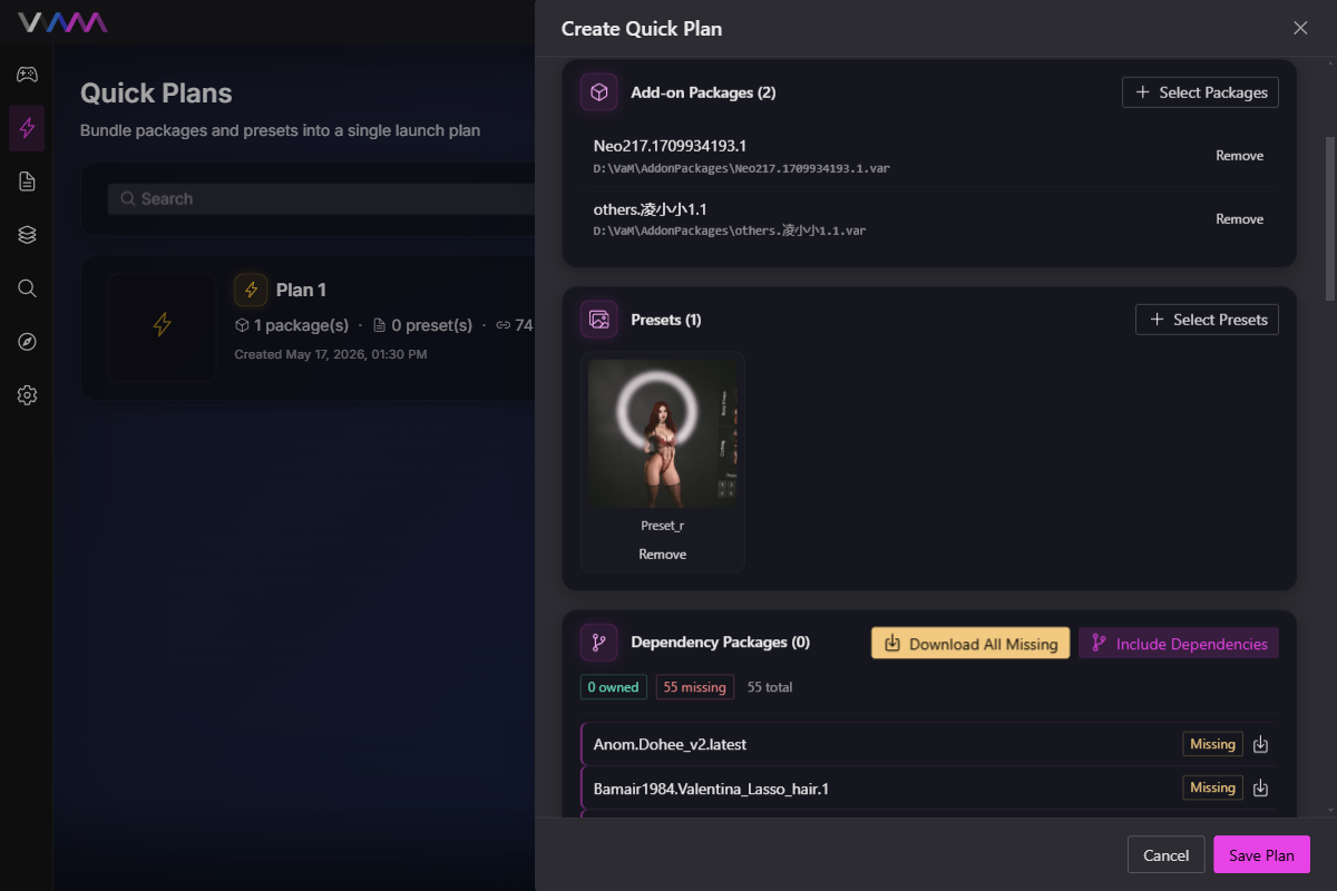 Create Quick Plan drawer — bundle add-on packages, presets, and dependencies into one launch profile